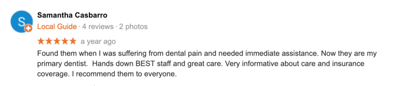 A person 's testimonial for their dental work.