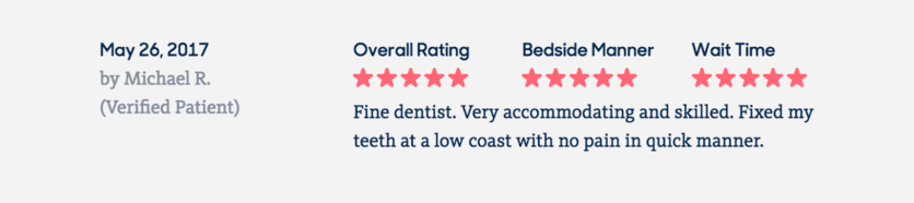 A review of the dentist with five stars.