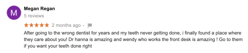 A person 's testimonial for their teeth whitening.